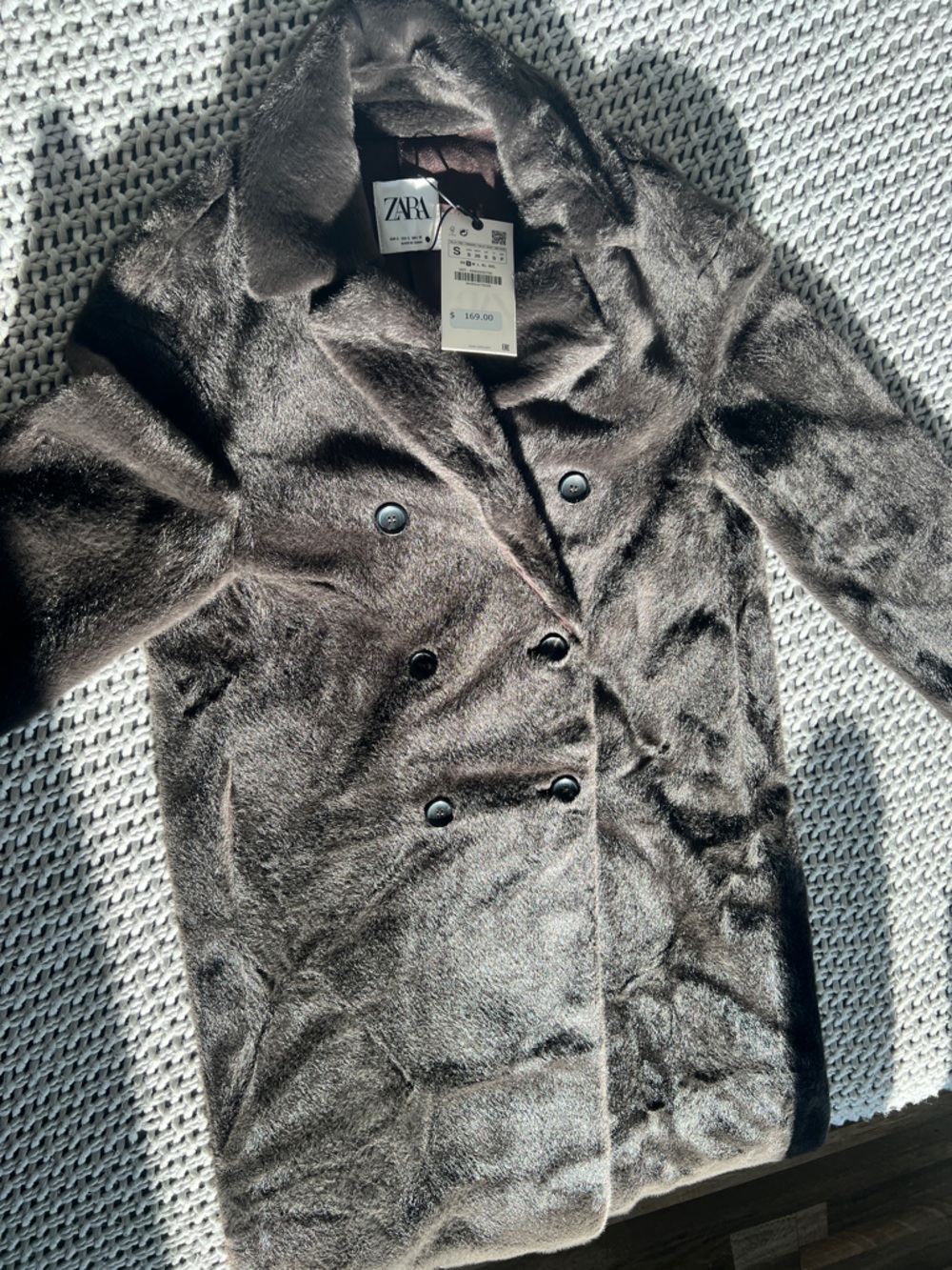 Zara Faux Fur Double-Breasted Pea Coat in Dark Brown